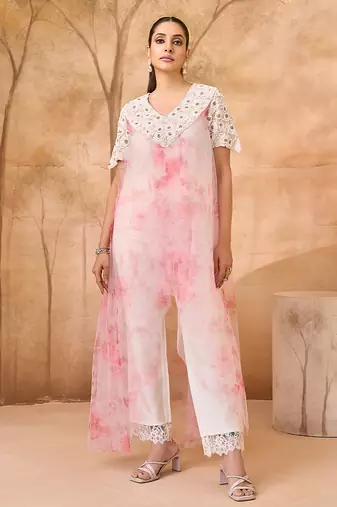Pink and white embroidered dupion mononet co ord set