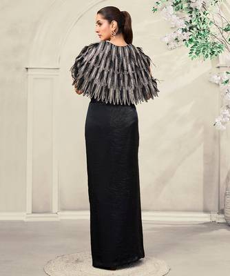 Black embroidered lace gown and cape jacket 4
