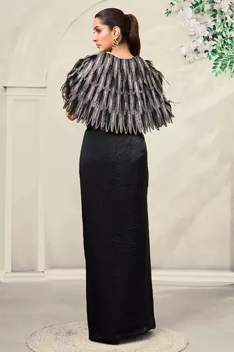 Black embroidered lace gown and cape jacket