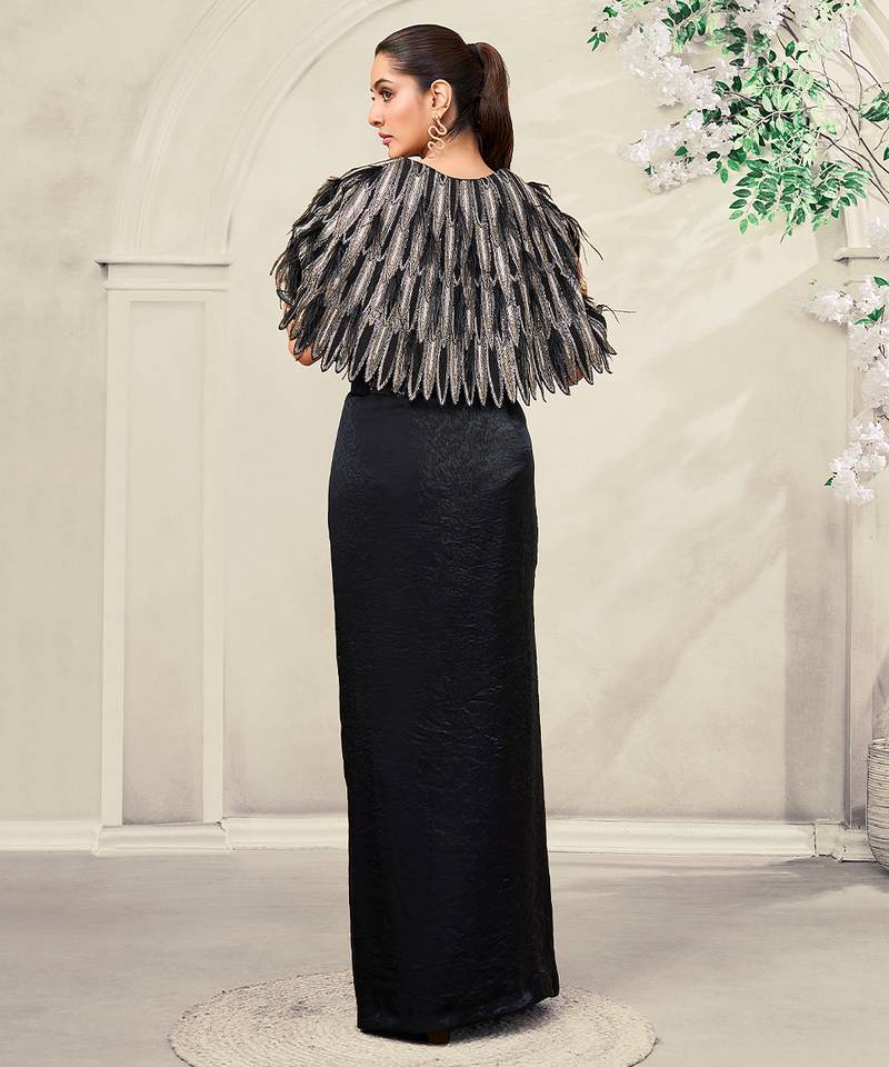 Black embroidered lace gown and cape jacket