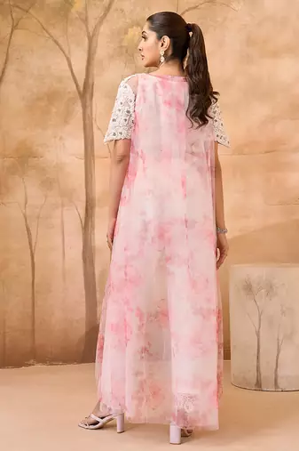 Pink and white embroidered dupion mononet co ord set