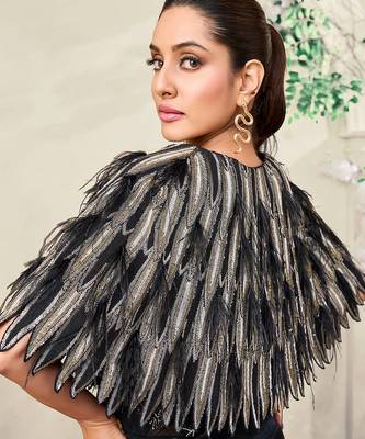 Black embroidered lace gown and cape jacket 5