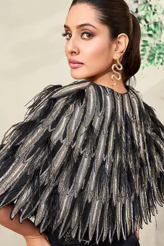 Black embroidered lace gown and cape jacket