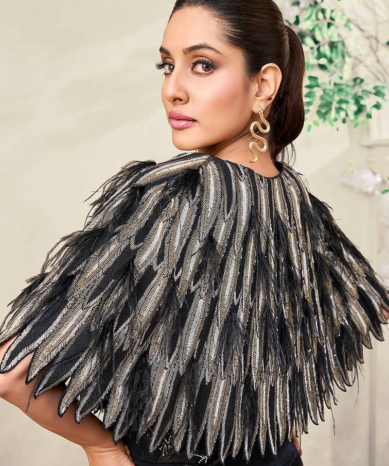 Black embroidered lace gown and cape jacket