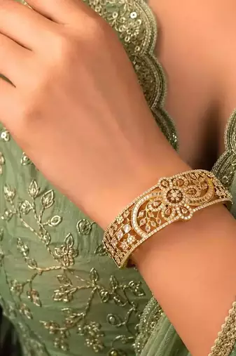 Vintage Floral CZ Bridal Cuff Bracelet, Antique Gold Art Deco Bangle