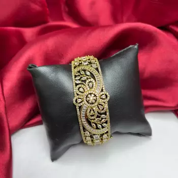 Vintage Floral CZ Bridal Cuff Bracelet, Antique Gold Art Deco Bangle 2