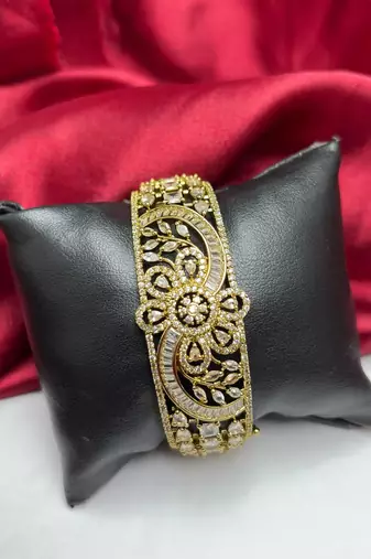 Vintage Floral CZ Bridal Cuff Bracelet, Antique Gold Art Deco Bangle
