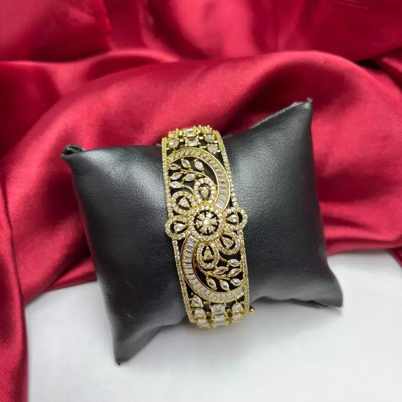 Vintage Floral CZ Bridal Cuff Bracelet, Antique Gold Art Deco Bangle