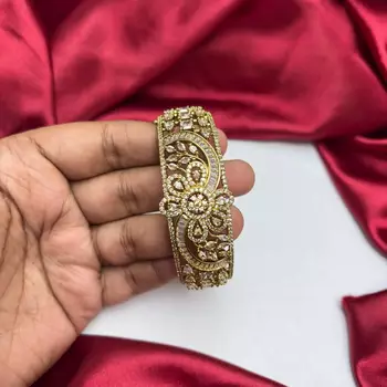 Vintage Floral CZ Bridal Cuff Bracelet, Antique Gold Art Deco Bangle 3