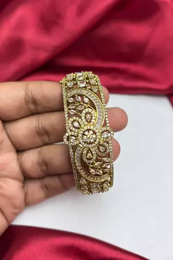 Vintage Floral CZ Bridal Cuff Bracelet, Antique Gold Art Deco Bangle
