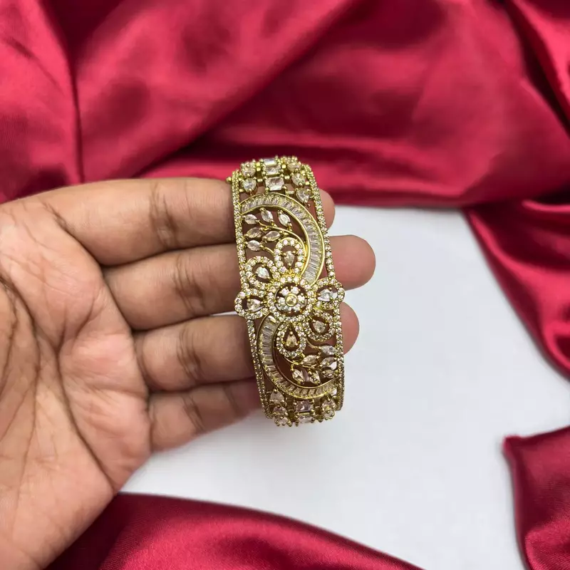 Vintage Floral CZ Bridal Cuff Bracelet, Antique Gold Art Deco Bangle