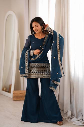  Embroidery Work Crunchy Silk Fabric Straight Kurta Pant and Dupatta Set