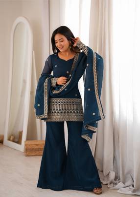  Embroidery Work Crunchy Silk Fabric Straight Kurta Pant and Dupatta Set 1
