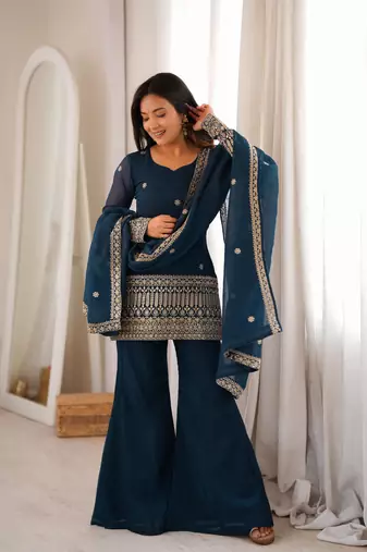  Embroidery Work Crunchy Silk Fabric Straight Kurta Pant and Dupatta Set