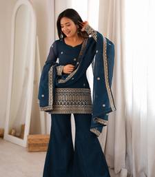  Embroidery Work Crunchy Silk Fabric Straight Kurta Pant and Dupatta Set