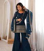  Embroidery Work Crunchy Silk Fabric Straight Kurta Pant and Dupatta Set