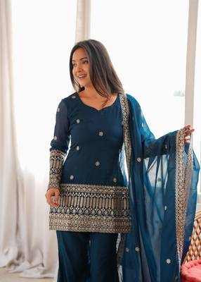  Embroidery Work Crunchy Silk Fabric Straight Kurta Pant and Dupatta Set 2