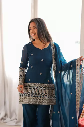  Embroidery Work Crunchy Silk Fabric Straight Kurta Pant and Dupatta Set