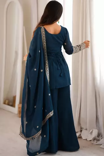  Embroidery Work Crunchy Silk Fabric Straight Kurta Pant and Dupatta Set