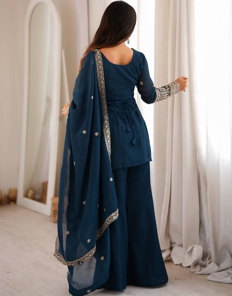  Embroidery Work Crunchy Silk Fabric Straight Kurta Pant and Dupatta Set