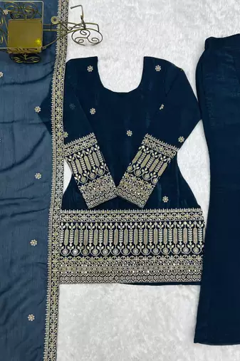  Embroidery Work Crunchy Silk Fabric Straight Kurta Pant and Dupatta Set
