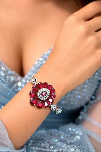 Ruby Red Floral CZ Crystal Statement Bracelet, Silver Plated Flower Jewelry