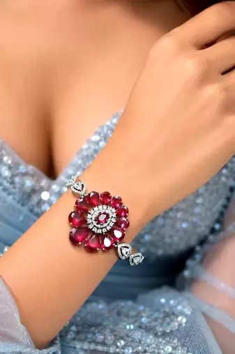 Ruby Red Floral CZ Crystal Statement Bracelet, Silver Plated Flower Jewelry