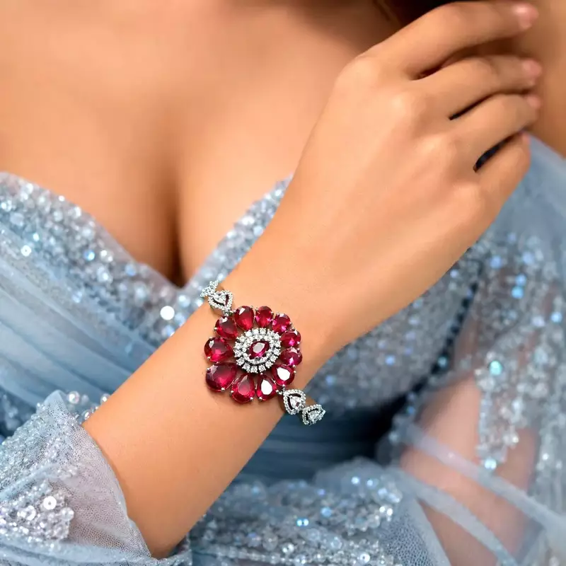 Ruby Red Floral CZ Crystal Statement Bracelet, Silver Plated Flower Jewelry