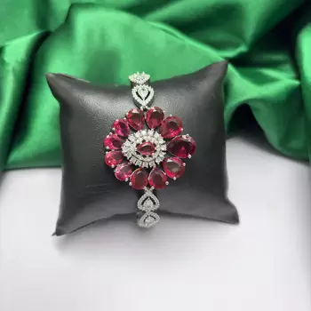 Ruby Red Floral CZ Crystal Statement Bracelet, Silver Plated Flower Jewelry 2