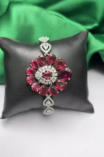 Ruby Red Floral CZ Crystal Statement Bracelet, Silver Plated Flower Jewelry