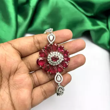 Ruby Red Floral CZ Crystal Statement Bracelet, Silver Plated Flower Jewelry 3