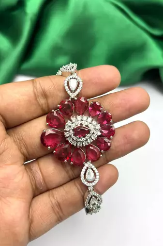 Ruby Red Floral CZ Crystal Statement Bracelet, Silver Plated Flower Jewelry
