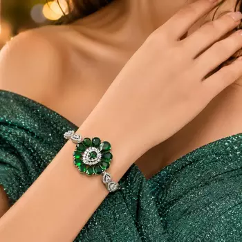 Emerald Green Floral Statement Bracelet, Silver Plated Cubic Zirconia 1