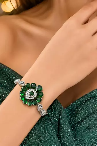 Emerald Green Floral Statement Bracelet, Silver Plated Cubic Zirconia