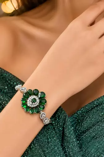 Emerald Green Floral Statement Bracelet, Silver Plated Cubic Zirconia