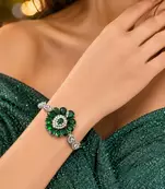 Emerald Green Floral Statement Bracelet, Silver Plated Cubic Zirconia