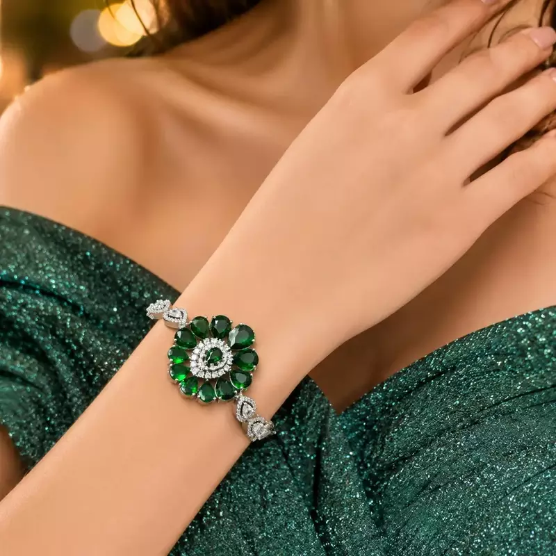 Emerald Green Floral Statement Bracelet, Silver Plated Cubic Zirconia