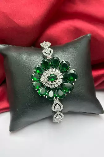 Emerald Green Floral Statement Bracelet, Silver Plated Cubic Zirconia