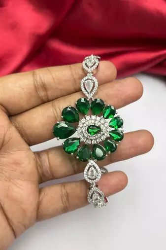 Emerald Green Floral Statement Bracelet, Silver Plated Cubic Zirconia