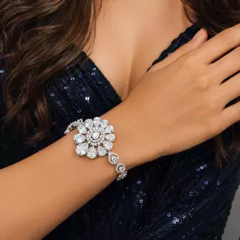 Floral Cubic Zirconia Bracelet, Silver Tone Statement Wedding Jewelry 1