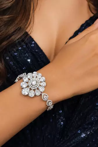 Floral Cubic Zirconia Bracelet, Silver Tone Statement Wedding Jewelry
