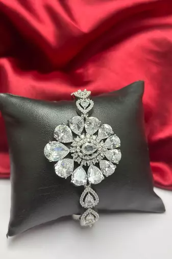Floral Cubic Zirconia Bracelet, Silver Tone Statement Wedding Jewelry