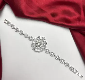 Floral Cubic Zirconia Bracelet, Silver Tone Statement Wedding Jewelry 3