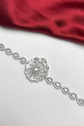 Floral Cubic Zirconia Bracelet, Silver Tone Statement Wedding Jewelry