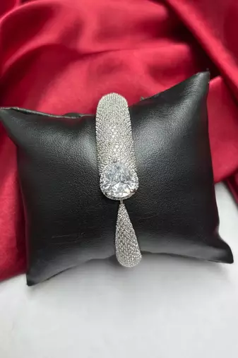 Silver Pave CZ Cuff Bracelet, Pear Cut Cubic Zirconia Open Bangle