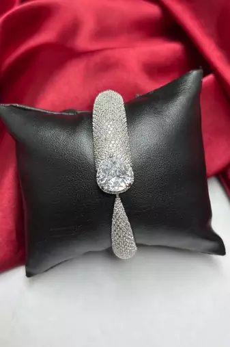 Silver Pave CZ Cuff Bracelet, Pear Cut Cubic Zirconia Open Bangle