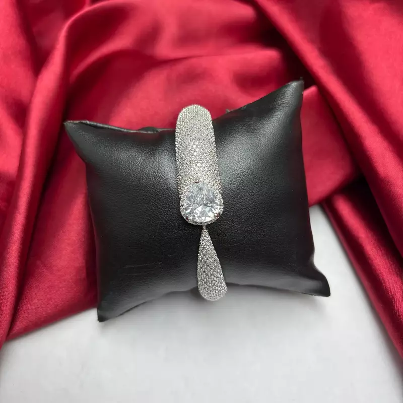 Silver Pave CZ Cuff Bracelet, Pear Cut Cubic Zirconia Open Bangle
