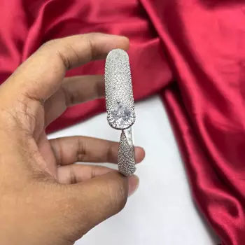 Silver Pave CZ Cuff Bracelet, Pear Cut Cubic Zirconia Open Bangle 2