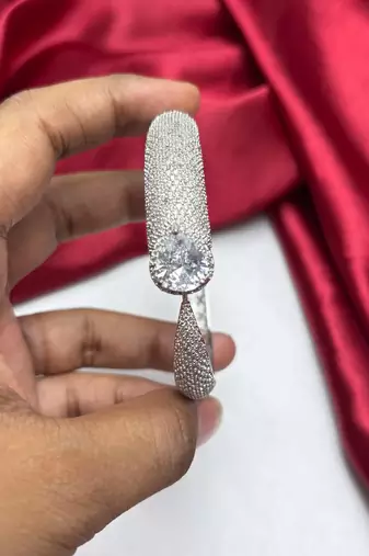 Silver Pave CZ Cuff Bracelet, Pear Cut Cubic Zirconia Open Bangle