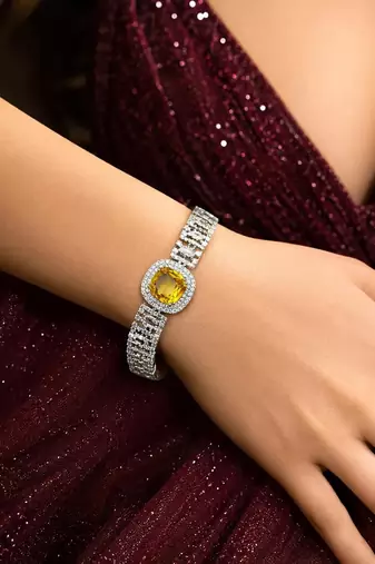 Yellow Cushion Cut Crystal Tennis Bracelet, Silver Cubic Zirconia Bridal Statement